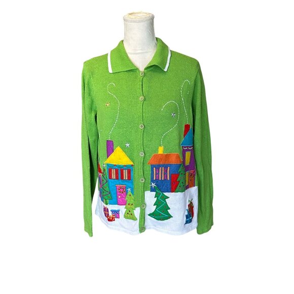 Tiara International Christmas Collection Button Up Cardigan Holiday Sweater Sz M - Picture 1 of 9